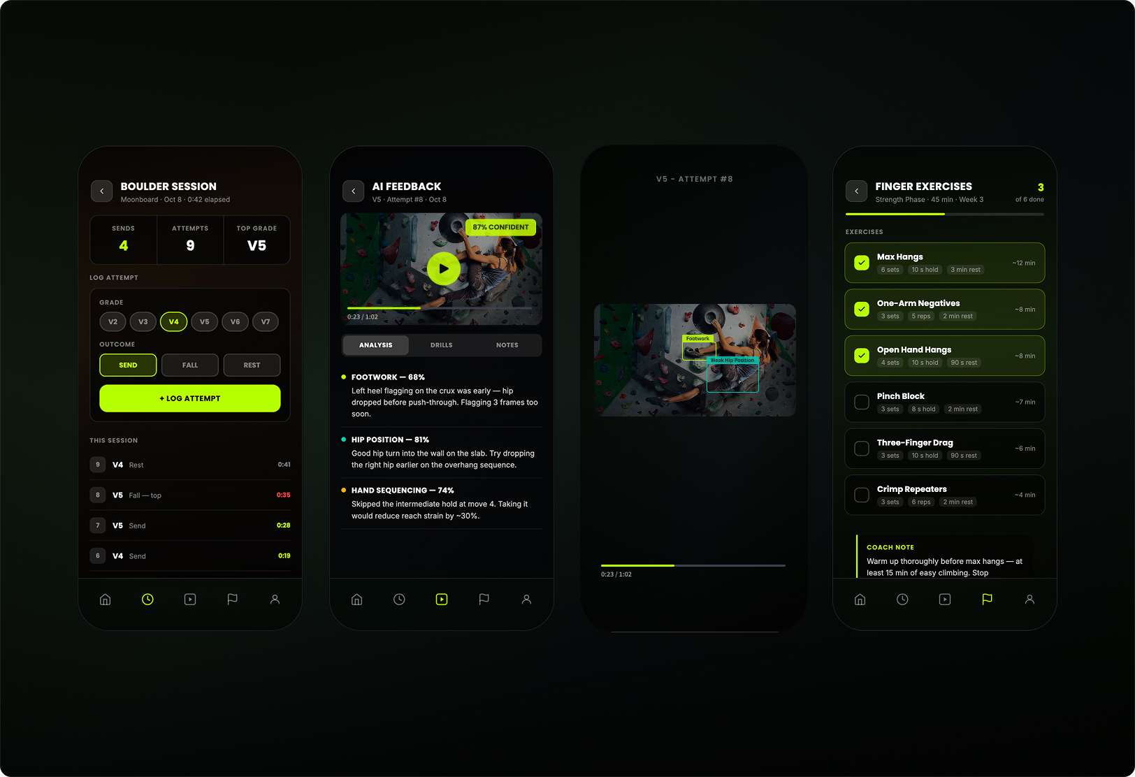 Climbr AI coaching and training plan screens